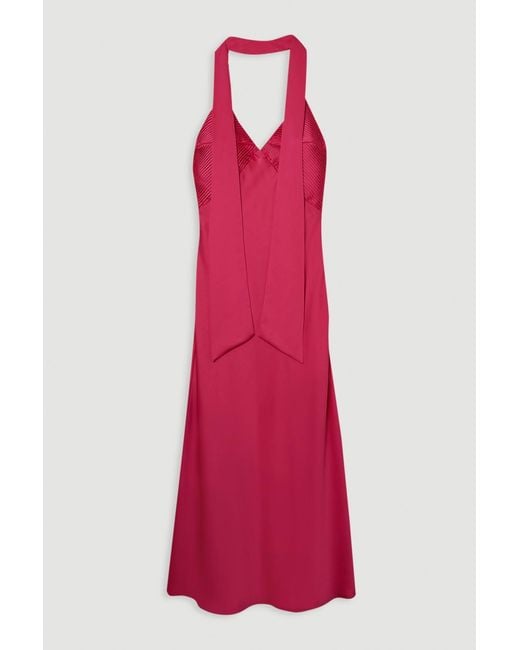 Karen Millen Pink Satin Halter Pleated Woven Maxi Dress
