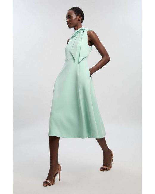 Karen Millen Green Compact Stretch Bow Tie Neck Full Skirted Midi Dress