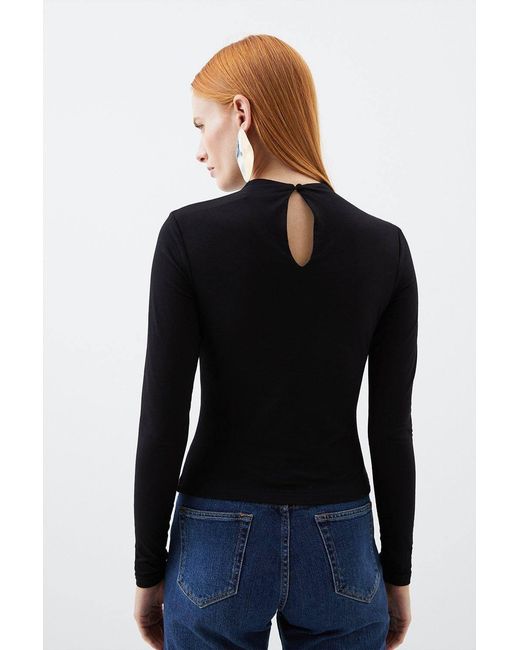 Karen Millen Blue Stretch Cotton Funnel Neck Top