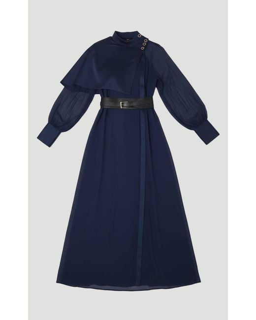 Karen Millen Blue Military Sheer Cape Detail Woven Maxi Dress