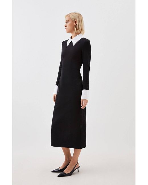 Karen Millen Black Jersey Cotton Poplin Midi Collar Dress