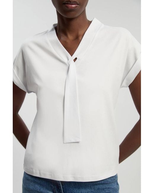 Karen Millen White Jersey V Neck Tie Detail T