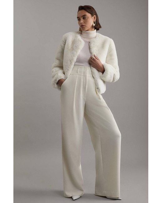 Karen Millen White Collarless Faux Fur Jacket