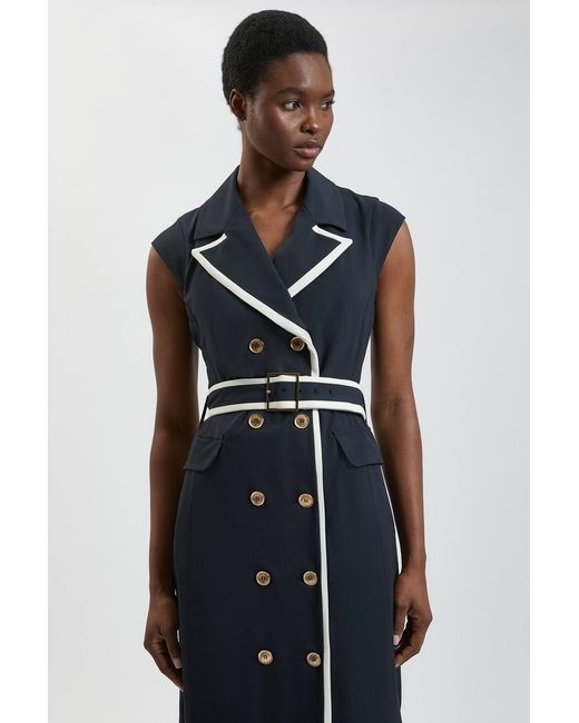 Karen Millen Blue Compact Stretch Double Breasted Belted Tipped Tailored Midi Dress