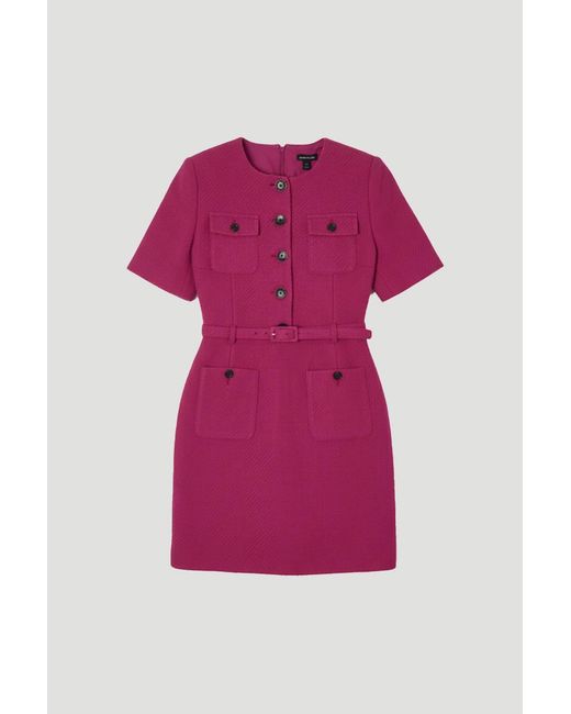Karen Millen Pink Plus Size Textured Tweed Belted Tailored Mini Dress