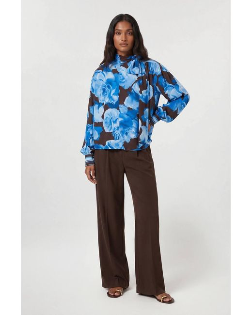 Karen Millen Blue Viscose Woven Stripe Contrast Floral Blouse