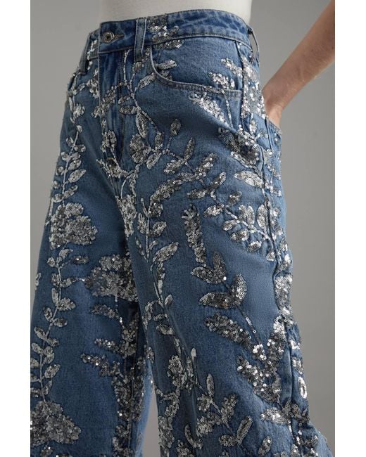 Karen Millen Gray Denim All Over Floral Sequin Wide Leg Trousers