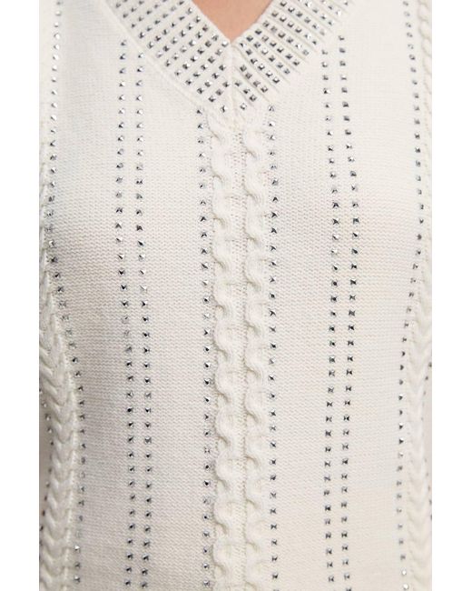 Karen Millen White Embellished Hotfix V Neck Knit Tank Top