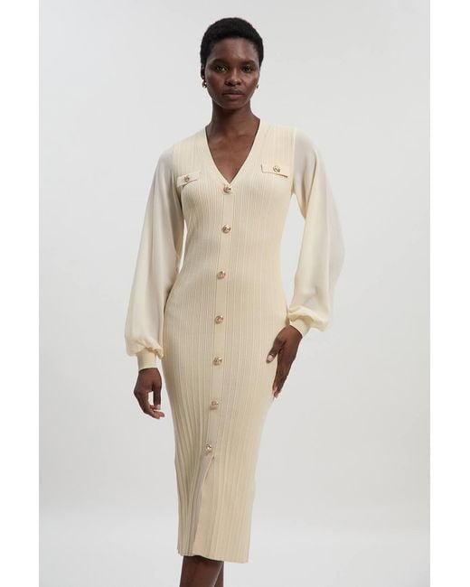 Karen Millen Natural Petite Forever Viscose Blend Rib Knit Chiffon Sleeve Midi Dress