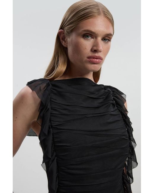 Karen Millen Black Bandage Mesh Gathered Ruffle Knitted Maxi Dress