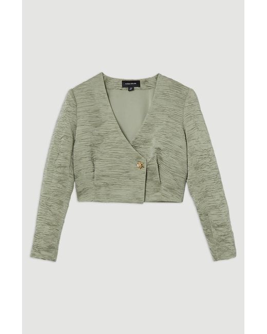 Karen Millen Green Crinkle Satin Button Front Cropped Tailored Jacket