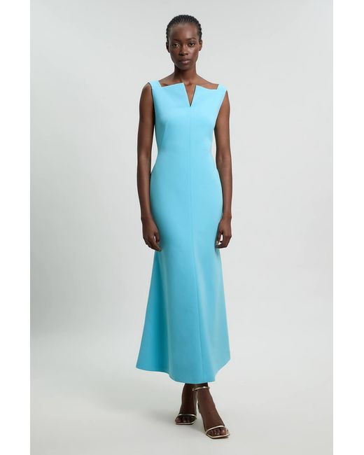 Karen Millen Blue Compact Stretch High Neck Clean Pencil Midi Dress