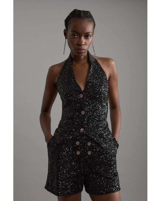 Karen Millen Black Petite Sequin Halter Neck Waistcoat
