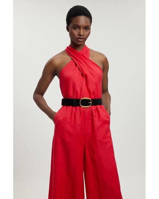 Karen Millen Red Petite Viscose Linen Belted Halterneck Woven Jumpsuit