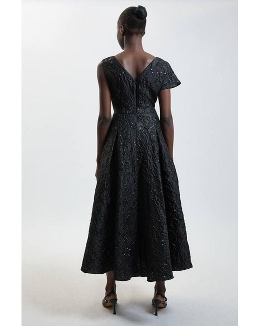 Karen Millen Black Petite Jacquard Asymmetric Sleeve Midi Dresss