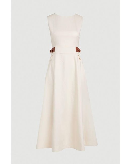 Karen Millen Natural Tailored Linen Tab Waist Detail Full Skirt Midi Dress