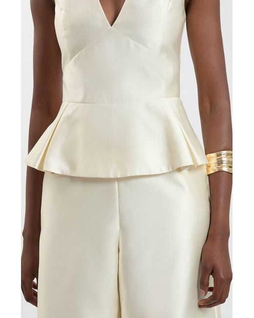 Karen Millen White Satin Twill Peplum Wide Leg Jumpsuit