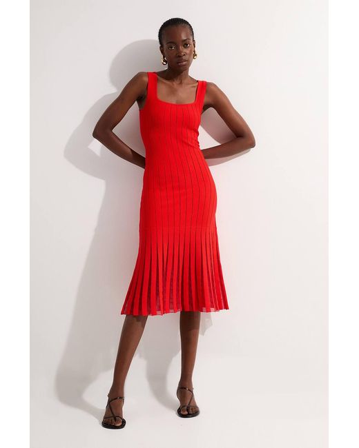 Karen Millen Red Compact Stretch Square Neck Knitted Flippy Dress