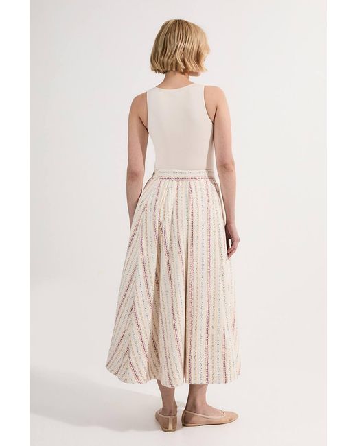Karen Millen Natural Petite Premium Woven Stripe Tailored Pleated Midi Skirt