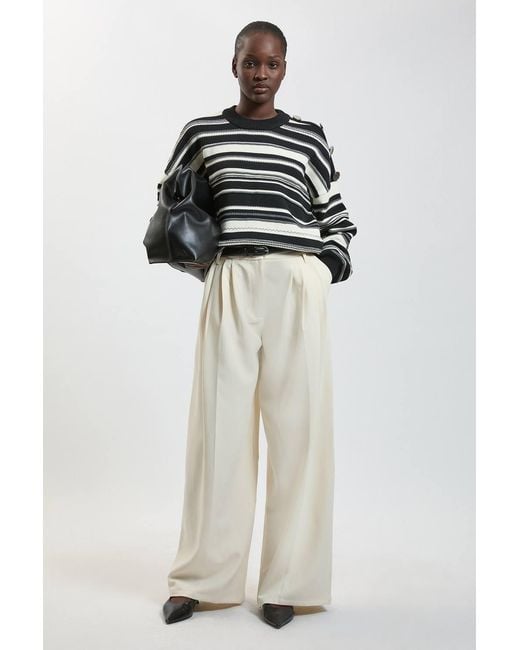 Karen Millen Gray Cotton Stripe Military Button Knitted Jumper