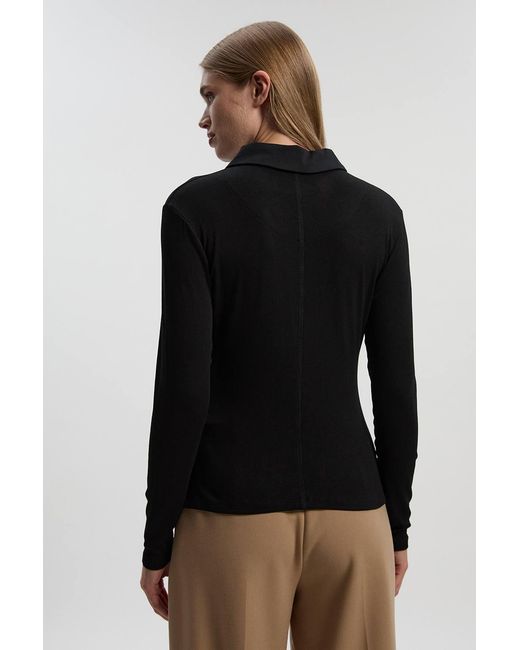 Karen Millen Black Viscose Rib Jersey Long Sleeve Collared Button Top