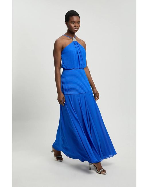 Karen Millen Blue Viscose Georgette Drop Hem Woven Halter Neck Maxi Dress