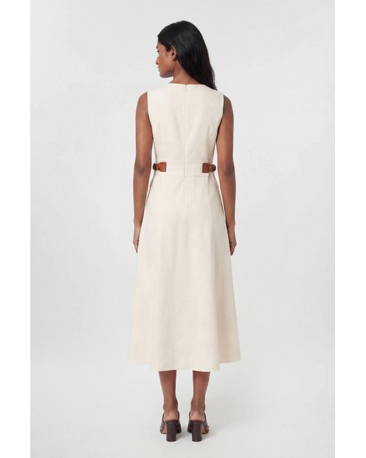 Karen Millen Natural Tailored Linen Tab Waist Detail Full Skirt Midi Dress