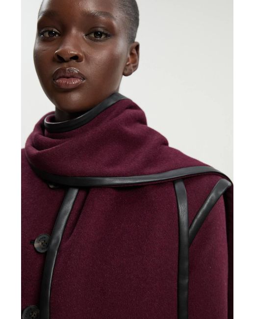 Karen Millen Purple Brushed Wool Pu Mix Detachable Scarf Tailored Crop Coat