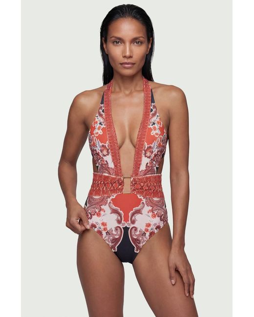 Karen Millen Scarf Mirrored Print Plunge Swimsuit