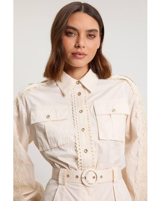 Karen Millen Natural Petite Cotton Sateen With Lace Trim Pocket Detail Playsuit