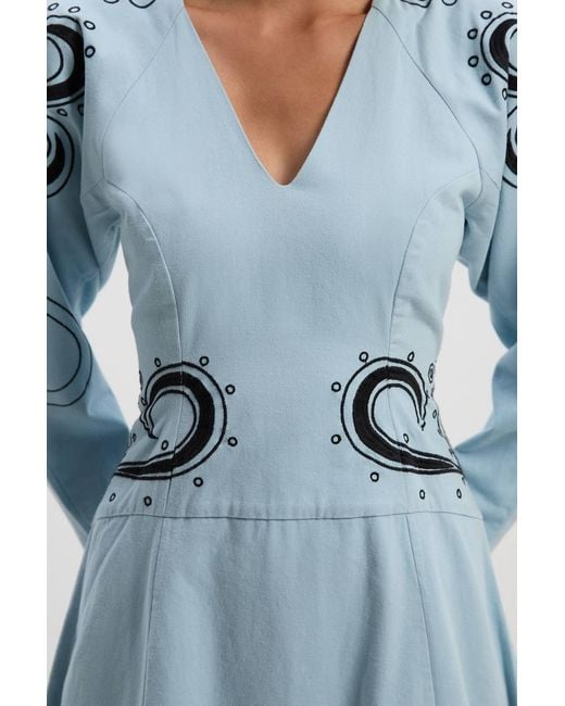 Karen Millen Blue Petite Baroque Embroidered Long Sleeve Twill Woven Midi Dress