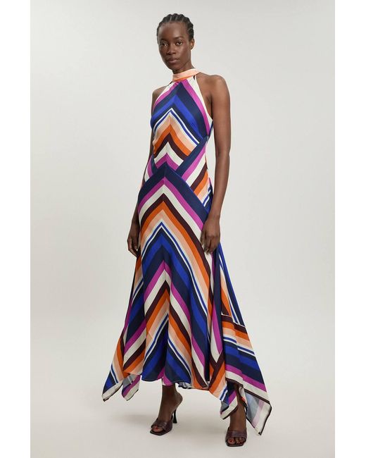 Karen Millen Blue Petite Fluid Stripe Cotton Mix Woven Maxi Halter Dress