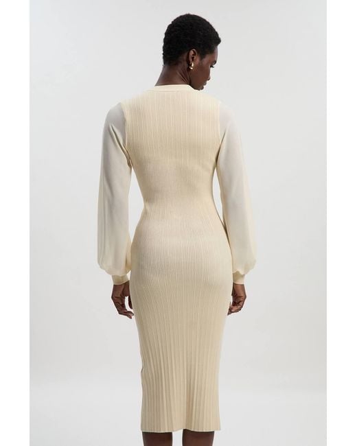 Karen Millen Natural Petite Forever Viscose Blend Rib Knit Chiffon Sleeve Midi Dress