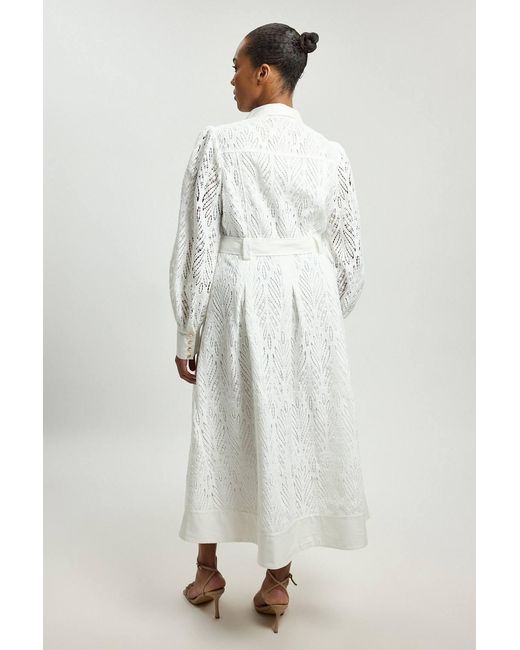 Karen Millen Natural Plus Size Cotton Cutwork Woven Shirt Midi Dress