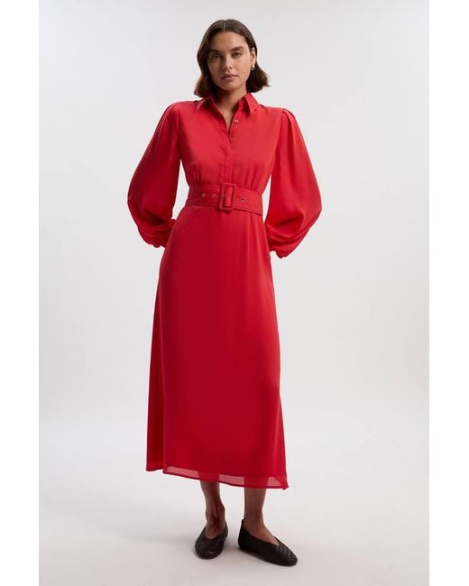 Karen Millen Red Petite Georgette Belted Woven Shirt Dress