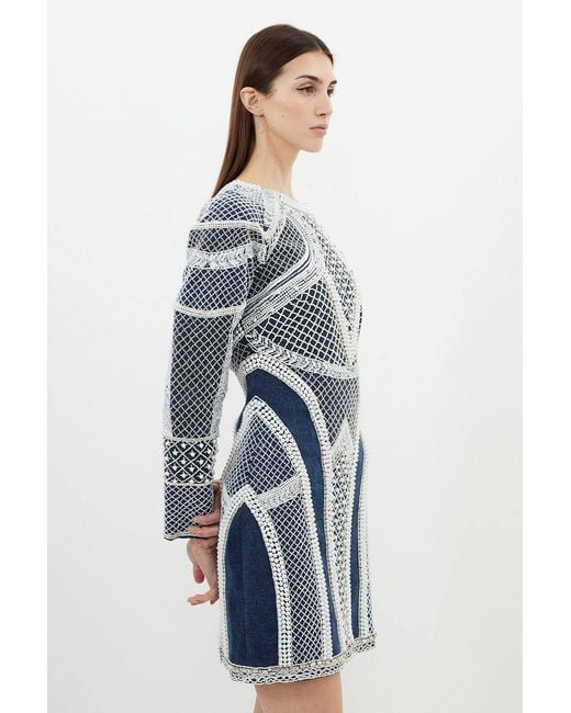 Karen Millen Blue Embellished Pearl Long Sleeve Mini Dress