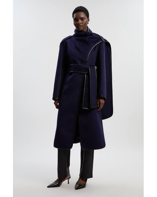 Karen Millen Blue Brushed Wool Pu Mix Scarf Neck Belted Tailored Maxi Coat