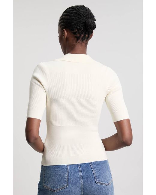 Karen Millen Blue Military Trim Rib Knit Short Sleeve Collared Top