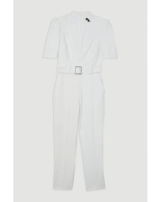 Karen Millen White Forever Structured Crepe Belted Jumpsuit
