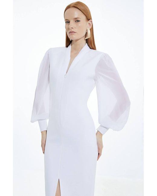 Karen Millen White Bandage Figure Form Zip Detail Chiffon Sleeve Knit Dress