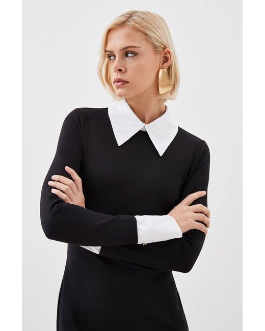 Karen Millen Black Jersey Cotton Poplin Midi Collar Dress