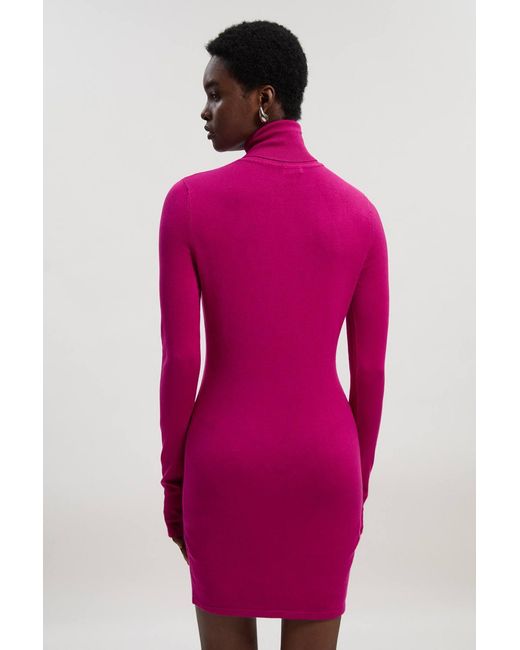 Karen Millen Pink Viscose Blend Roll Neck Thumbhole Cuff Knit Mini Dress