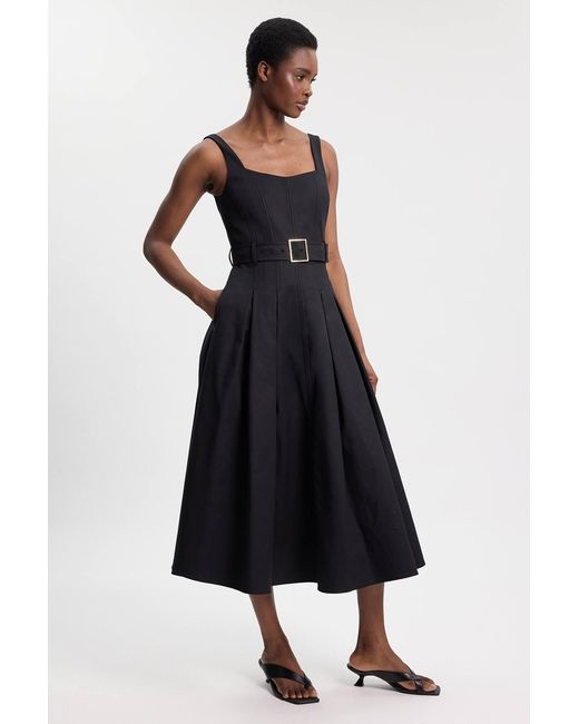 Karen Millen White Premium Cotton Tailored Fabric Belted Buckle Midi Dress