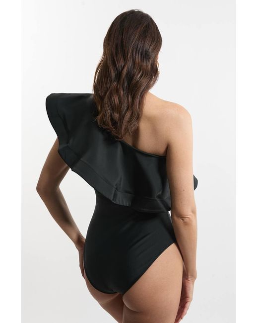 Karen Millen Black Drama Ruffle One Shoulder Swimsuit