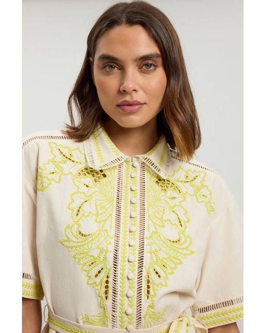 Karen Millen Natural Linen Blend Beaded Embroidery Shirt Co Ord