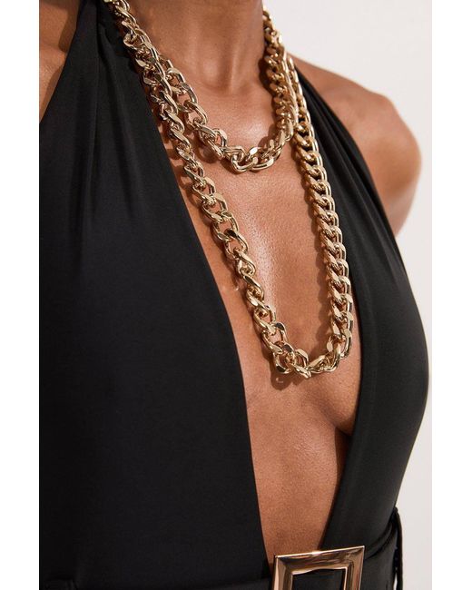 Karen Millen Black Hardware Detail Belted Plunge Swimsuit