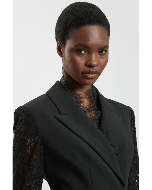 Karen Millen Black Compact Stretch Lace Sleeve Blazer Mini Dress