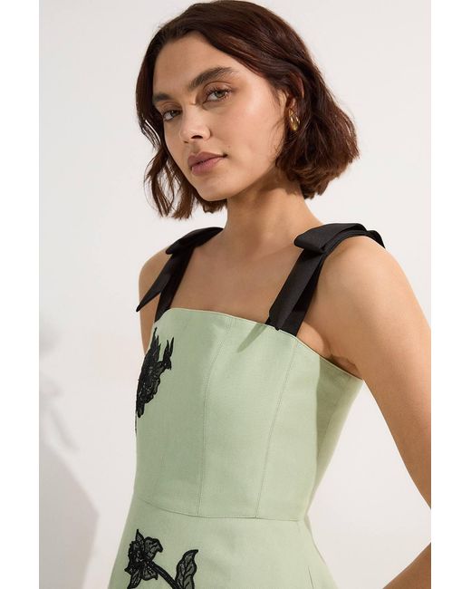 Karen Millen Green Viscose Linen Placed Floral Lace Embroidered Strappy Midi Dress