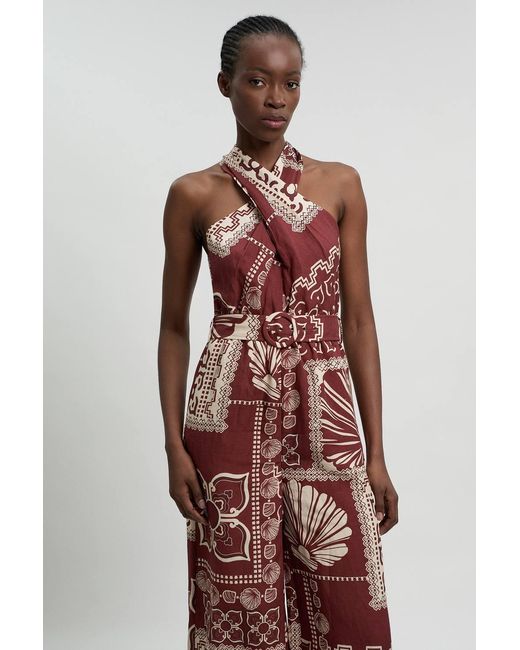 Karen Millen Brown Linen Viscose Tile Print Belted Woven Jumpsuit