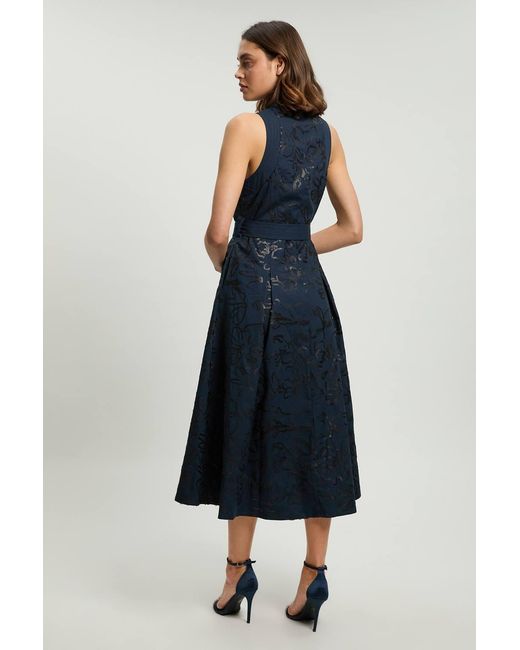 Karen Millen Blue Linen Matte Sequin Collared Midi Dress